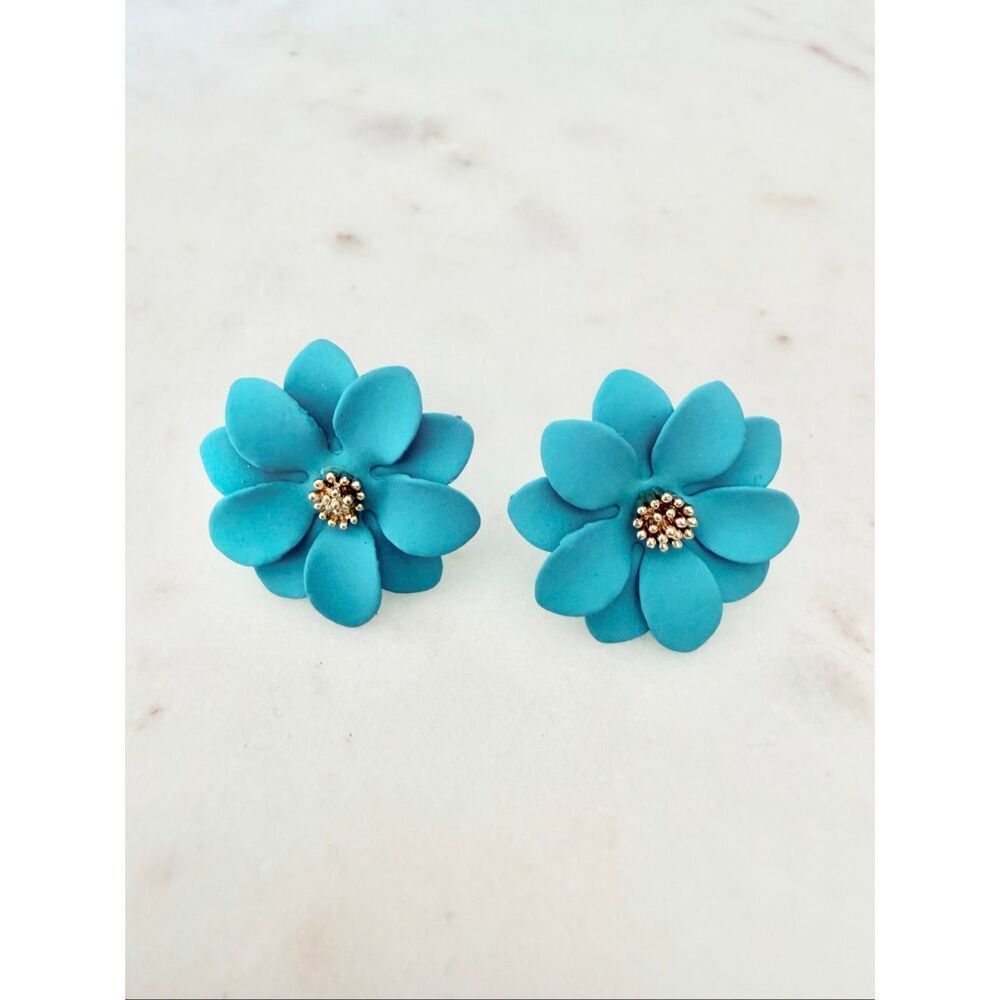 Turquoise Blue Floral Stud Earrings | Layered Flower Statement Earrings